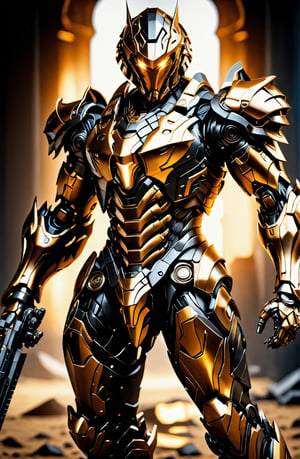 High resolution, battlefield background, golden black, intricate armor details,excellent shape focus, new design, full hd, 8k, hdr,Mecha body,hdsrmr