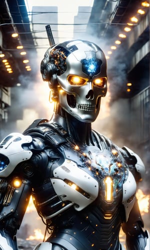 Angry Punisher mecha tactical robo soldier character, anthropomorphic figure, wearing futuristic mecha soldier armor and weapons, reflection mapping, realistic figure, hyperdetailed, cinematic lighting photography, fire and destruction background 32k uhd, white realistic skull on suit,mecha,cyborg style, Mecha,DonML4zrP0pXL,Tech,DonMQu4n7umZ3r0XL 
