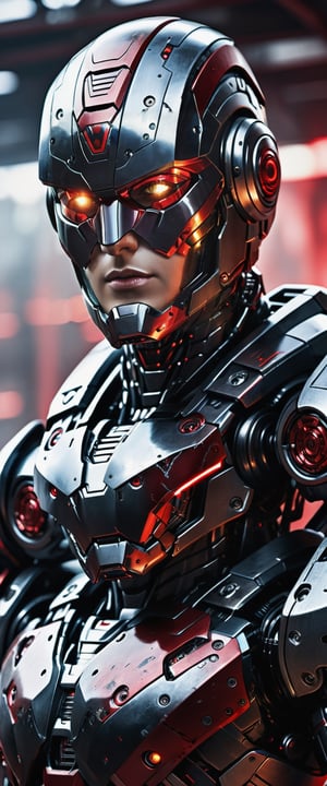 masterpiece, extremely detailed, upper body shot, cyborg, new model, evil, looking straight into camera, worn, damaged, blurry background, robot, mecha, science fiction, realistic, (((black and red color palette))),   

photo r3al, Wonder of Beauty, more detail XL