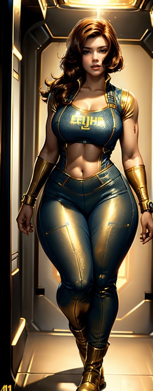 (masterpiece, best quality, realistic), full body, wide shot, 1girl, (Fallout 4 Vault girl), vault tec, sexy girl, beautiful, long full red hair, smiling with closed mouth, (body tight jumpsuit), (deep blue jumpsuit with golden details from vault 111) (jumpsuit with long sleaves and frontal zipper, no cutouts), combat boots, pipboy on wrist, (vault girl), vault 111, ((curvy body)) defined body, good curves, good lighting, very detailed face, eyes highly detailed, random sexy pose, fallout,falloutPinUP