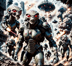 "Creepy and intense alien invasion scene with dark atmosphere, dramatic lighting, and intense action. Show powerful extraterrestrial creatures, advanced technology, destroyed cityscape, panicked civilians, and a sense of imminent danger. Generate an unsettling and immersive image that captures the chaos and terror of an otherworldly invasion. a group of humans wearing futuristic suits are fighting with laser guns, bloody war, The scene is extremely complex, extremely impressive with intricate details, extremely smooth displayed textures. Bright, sharp light",Movie Still, ,Tech,Futuristic