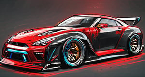   Cyberpunk styled, (detailed), 2024 Nissan GTR NISMO black and red , red neon  under body lighting, with racelivery and wide body kit, race track, burnout, realistic lighting, high resolution, sharp, in focus, (intricate details:0.9), (hdr, hyperdetailed:1.2), cinematic lighting, sparkle, glowing light, Hyperrealism, Ultra-Wide Angle, Canon, first-person view, from side, ((best quality)), ((masterpiece)), masterpiece, best quality, high quality, highres, 4K, 8k, 16k,Car,sports car,cYbeR,c_car,DonML4zrP0pXL