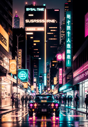 retrowave。City, 1969 Nissan S30, wide body kit, pathway, PURPLE NEON MONITOR LIGHT, sunont,The Car。cyber punk perssonage,City,road