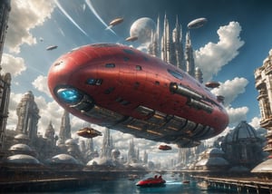 A futuristic dystopian scene with a large oval-shaped spaceship dominating the center. The spaceship has an red-black metallic surface, .The surrounding buildings are tall, densely packed, Silver and gold. look new, The sk is dominated by blue and white clouds . A small boats move slowly in the blue water below the dirigible, ROBOT,Indoor