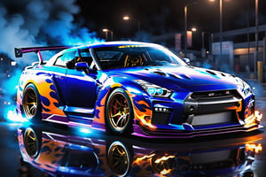 Anime-style GT R street racer wide body kit, neon-lit city, fast cars, drifting, adrenaline-fueled action, intense concentration, midnight speed,Movie Still,fire element