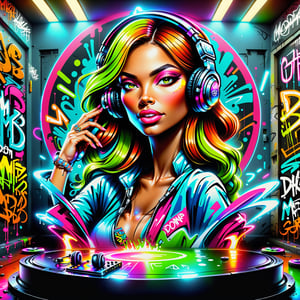 the graffiti style of supermodel female dj, ((Neon bold colorful, rich colors, high detailed, masterpiece,high quality, graffiti style)),LOGO,CartooNuclear Meltdown style,logo,DonMH010D15pl4yXL 