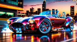 A stunning wide shot captures the sleek red Shelby Cobra Hot Rod in motion, street racing-inspired and bathed in a mesmerizing glow. In front view, the ultra-detailed 8K vector-style rendering showcases the car's futuristic neon lights (full dual color) and black racing wheels, with a dramatic wheelspin effect as it drifts sideways into a turn. The background features a detailed cityscape at dusk, with a galaxy-like sky above. Masterpiece-quality lighting highlights the intricate design of the car, with gradients and glossy reflections adding to its cinematic appeal.