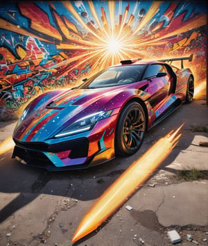 Abstract Sunshine Car Futuristic Graffiti Chromatic Rocket, highly detailed, ultra high resolution, detailed, raw photo, (ultra sharp), high detail, Hyperrealism, glowing light, god rays, sparkle, first-person view, Ultra-Wide Angle, Sony FE, best quality, masterpiece, ccurate, textured skin, super detail, high quality, award winning, best quality, highres, 4K, 8k, 16k