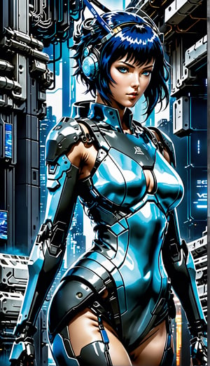 Ghost in the Shell Vol.2, by Luis Duarte, Luis Duarte style, blue and black shading, Neo-Tokyo style, Element Air, Mythpunk, Graphic Interface, Sci-Fic Art, Dark Influence, NijiExpress 3D v3, Kinetic Art, Datanoshing, Oilpainting, Ink v3, Splash style, Abstract Art, Abstract Tech, Cyber Tech Elements, Futuristic, Illustrated v3, Deco Influence, Anime style,mecha