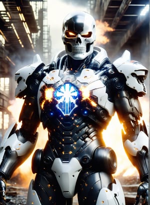 Angry Punisher mecha tactical robo soldier character, anthropomorphic figure, wearing futuristic mecha soldier armor and weapons, reflection mapping, realistic figure, hyperdetailed, cinematic lighting photography, fire and destruction background 32k uhd, white realistic skull on suit,mecha,cyborg style, Mecha,DonML4zrP0pXL,Tech,DonMQu4n7umZ3r0XL 