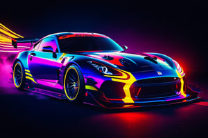 A neon image displaying "
, sharp, detailed car body ,ethereal art, detailed tires, fire scene, (masterpiece, best quality, ultra-detailed, 8K), race car, street racing-inspired, Drifting inspired, LED, ((Twin headlights)), (((Bright neon color racing stripes))), (Black racing wheels), Wheel spin showing motion, Show car in motion, Burnout,  wide body kit, modified car,  racing livery, masterpiece, best quality, realistic, ultra high res, (((depth of field))), (full dual color neon lights:1.2), (hard dual color lighting:1.4), (detailed background), (masterpiece:1.2), (ultra detailed), (best quality), intricate, comprehensive cinematic, magical photography, (gradients), glossy, Fast action style, fire out of tail pipes, Sideways drifting in to a turns, Neon galaxy metalic paint with race stripes,"