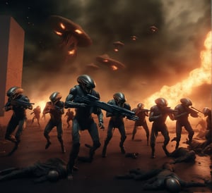 "Creepy and intense alien invasion scene with dark atmosphere, dramatic lighting, and intense action. Show powerful extraterrestrial creatures, advanced technology, destroyed cityscape, panicked civilians, and a sense of imminent danger. Generate an unsettling and immersive image that captures the chaos and terror of an otherworldly invasion. a group of humans wearing futuristic suits are fighting with laser guns, bloody war, The scene is extremely complex, extremely impressive with intricate details, extremely smooth displayed textures. Bright, sharp light",Movie Still
