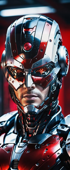 masterpiece, extremely detailed, upper body shot, cyborg, new model, evil, looking straight into camera, worn, damaged, blurry background, robot, mecha, science fiction, realistic, (((black and red color palette))),   

photo r3al, Wonder of Beauty, more detail XL