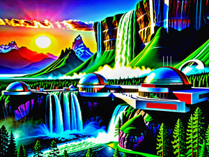 Masterpiece, photorealistic, futuristic sci fi town, futuristic buildings, sci fi architecture, rich colors, saturated colors, vibrant colors, fantastic rising sun, green and blue colors, waterfall, summer natute, mountains, green trees,  nature photography,High detailed ,photorealistic, perfect, more detai, Nature,FFIXBG