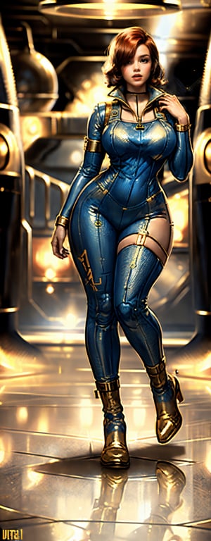 (masterpiece, best quality, realistic), full body, wide shot, 1girl, (Fallout 4 Vault girl), vault tec, sexy girl, beautiful, long full red hair, smiling with closed mouth, (body tight jumpsuit), (deep blue jumpsuit with golden details from vault 111) (jumpsuit with long sleaves and frontal zipper, no cutouts), combat boots, pipboy on wrist, (vault girl), vault 111, ((curvy body)) defined body, good curves, good lighting, very detailed face, eyes highly detailed, random sexy pose, fallout,falloutPinUP,hourglass body shape