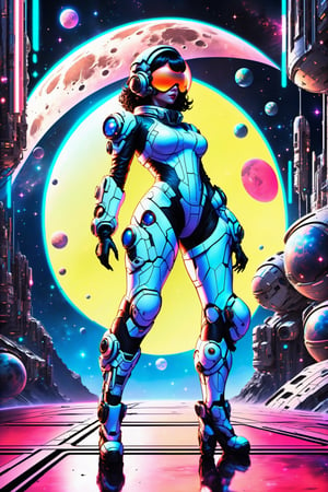 futuristic cyberpunk spacegirl standing on the surface of the moon with a high-tech space suit and glowing neon elements in the background