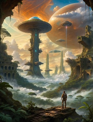 masterpiece, highly detailed, In the heart of the jungle amidst the remnants of a bygone era, the explorer stands amidst the Alien Ruins, he expression a blend of wonder and determination as he contemplates the intersection of Science Fiction and reality, the swirling clouds overhead a symbol of the turbulent journey that lies ahead, Intense contrasts, surreal