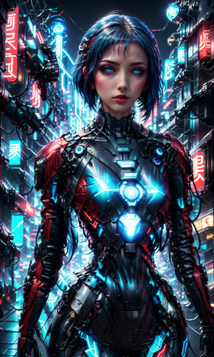 Ghost in the Shell style, image of a Sci-Fi Mecha girl, supermodel, blue short hair, detailed blue eyes , wearing high-tech cyberpunk style blue and black and red with LED highlight mecha body, radiant Glow, metallic suit, mecha, high-tech suit with weapons, neon lit futuristic city streets, mecha,exosuit,more detail XL,Mechanical part,TechStreetwear