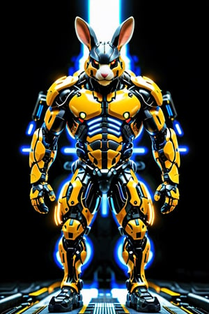 "Imagine a rabbit clad in a formidable combat exoskeleton suit colors Black and yellow, exuding an aura of strength and power. Despite its fluffy exterior, the suit adds a sense of bulk and weight to its form, emphasizing its formidable presence. With glowing visors and reinforced armor plating, the rabbit exudes an air of readiness for battle, ready to face any challenge with determination and resolve.",Animal Verse Ultrarealistic ,circuitboard