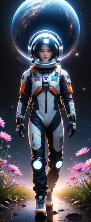 (masterpiece, best quality), (hyper-realistic:1.4), Lenkaizm, 8k, absurd res, high res, (masterpiece:1.4), ultra-detailed,  Envision an astronaut exploring a mysterious planet, wearing transparent space helmet equipped with light visor, neon led line stream on suit, space, cosmos, planet, flower, galaxy