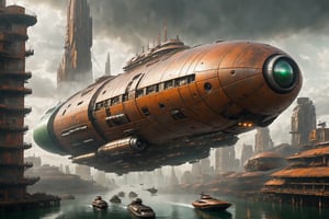 A futuristic dystopian scene with a large oval-shaped spaceship dominating the center. The spaceship has an orange-brown metallic surface, suggesting rust and wear. The surrounding buildings are tall, densely packed, and show signs of aging. The color palette is dominated by dark greens and grays due to mist or pollution. A small boat moves slowly in the water below the dirigible.,ROBOT