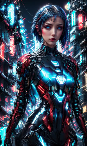 Ghost in the Shell style, image of a Sci-Fi Mecha girl, supermodel, blue short hair, detailed blue eyes , wearing high-tech cyberpunk style blue and black and red with LED highlight mecha body, radiant Glow, metallic suit, mecha, high-tech suit with weapons, neon lit futuristic city streets, mecha,exosuit,more detail XL,Mechanical part,TechStreetwear