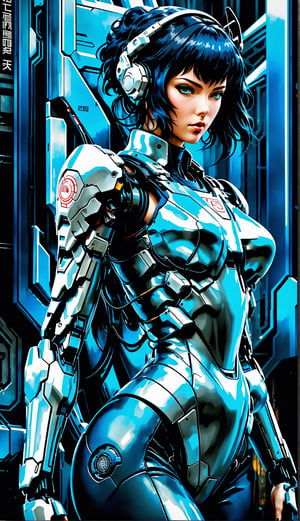 Ghost in the Shell Vol.2, by Luis Duarte, Luis Duarte style, blue and black shading, Neo-Tokyo style, Element Air, Mythpunk, Graphic Interface, Sci-Fic Art, Dark Influence, NijiExpress 3D v3, Kinetic Art, Datanoshing, Oilpainting, Ink v3, Splash style, Abstract Art, Abstract Tech, Cyber Tech Elements, Futuristic, Illustrated v3, Deco Influence, Anime style,mecha,PD-802X4