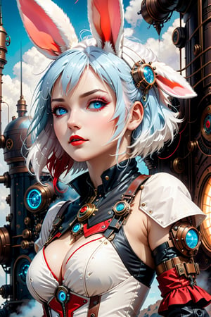A hyper realistic detailed full body image of a feminine in a steampunk space Nuka USA Girl and dark fantasy theme, ((sexy woman)) who has ((energetic light blue eyes)), ((bunny girl with white hair)) with ((sexy red and white outfit)) with ((white bunny ears)), balayage wild short hair, fun face expression, highly detailed, digital painting, HD quality, ((huge breast)), ((sexy)) space girl| standing alone on hill| centered| detailed gorgeous face| anime style| key visual| intricate detail| highly detailed| breathtaking| vibrant| panoramic| cinematic| Carne Griffiths| Conrad Roset| ghibli,cyborg style,portraitart,cyborg