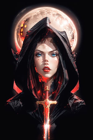 masterpiece, best quality, a woman in a futuristic suit, a sword on her back,  in the dark night sky with stars in the background and a full moon in the sky, cybernetic, cyberpunk art, fantasy art      , hooded cloak,g0thicPXL