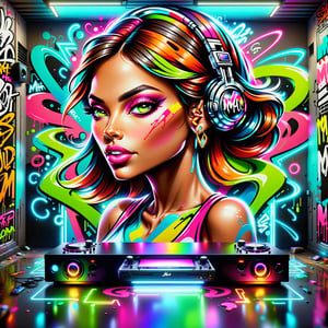 the graffiti style of supermodel female dj, ((Neon bold colorful, rich colors, high detailed, masterpiece,high quality, graffiti style)),LOGO,CartooNuclear Meltdown style,logo,DonMH010D15pl4yXL 