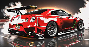  (detailed), 2024 Nissan GTR NISMO with racelivery and wide body kit, race track, burnout, realistic lighting, high resolution, sharp, in focus, (intricate details:0.9), (hdr, hyperdetailed:1.2), cinematic lighting, sparkle, glowing light, Hyperrealism, Ultra-Wide Angle, Canon, first-person view, from side, ((best quality)), ((masterpiece)), masterpiece, best quality, high quality, highres, 4K, 8k, 16k
