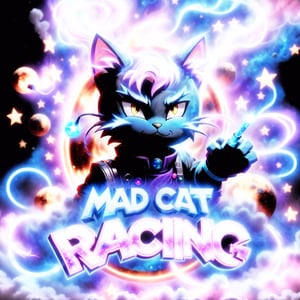 Text that reads "Mad Cat Racing" in neon red, black, metallic, purple, blue, Pink, neon, sparkles, Neon colored smoke, planet, graffiti background,composed of elements of street art, Fire, Lightning, Electricity, Space, stars, neon lights, atomic explosions, black holes, space warp, atomic explosions, Cyberpunk, ,DonMPl4sm4T3chXL ,Leonardo,Leonardo Style