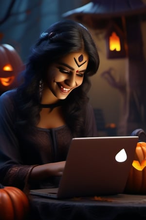 a happy girl, working on her laptop, smile face, indian skin,(8K quality),(High resolution),halloween,chill look