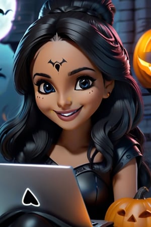 a happy girl, working on her laptop, smile face, indian skin,(8K quality),(High resolution),halloween,chill look, perfect face,perfect eyes,perfect hair, perfectl lips