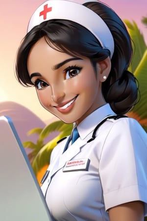 a happy girl, working on her laptop, smile face, indian skin,(8K quality),(High resolution),chill look, perfect face,perfect eyes,perfect hair, perfectl lips,island,Nurse suit