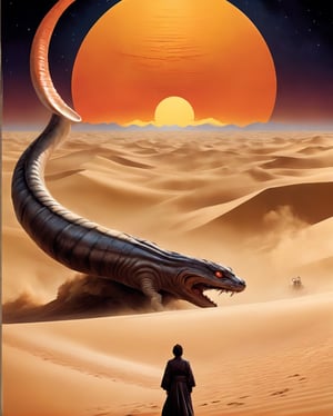 Transport yourself to a captivating realm where the mystique of "Dune" converges with the ethereal beauty of Japanese mythical creatures in this official movie poster illustration. Against the backdrop of the iconic desert planet, Arrakis, colossal sandworms emerge, intertwining seamlessly with legendary Japanese yokai like kitsune and kirin. The delicate balance between futuristic sci-fi aesthetics and traditional Japanese artistry is expertly captured, as spaceships soar above ancient pagodas. The poster's color palette blends the warm hues of Arrakis' dunes with the vibrant shades of traditional Japanese art, creating a visually stunning and harmonious fusion. Immerse yourself in a cinematic experience that seamlessly weaves together the rich tapestries of two distinct yet captivating worlds., 