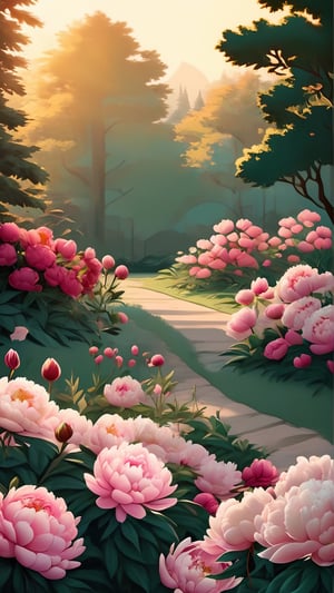 Create a captivating LOFI digital landscape illustration featuring a serene forest scene. Picture a dense forest bathed in the warm glow of the setting sun. Include elements like tall treesCreate a digital LOFI anime illustration of a peony field captured through a vintage camera, blending retro aesthetics with the timeless elegance of blooming peonies. The scene should feature a picturesque field brimming with peony bushes showcasing an array of colors, including lush pinks, soft whites, and deep reds. The vintage camera lens adds a warm, nostalgic hue, enhancing the romantic ambiance of the scene. Include details like dewdrops glistening on the petals, butterflies flitting among the flowers, and a backdrop of green foliage or a tranquil sky. The artwork should evoke a sense of beauty and serenity inspired by the enchanting allure of peonies in full bloom. with lush green foliage, a cozy cabin nestled among the trees, and soft rays of sunlight filtering through the branches. Emphasize the peaceful atmosphere with gentle shadows and a serene color palette. Capture the tranquility and beauty of nature in the golden hour, highlighting the harmony between the natural environment and human habitation. Use subtle textures and a nostalgic vibe to enhance the LOFI aesthetic, creating a timeless and soothing artwork.