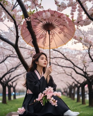 Amidst the tranquility of a spring evening, an Instagram influencer stands beneath a canopy of cherry blossoms in full bloom, their delicate petals glistening with the gentle touch of raindrops. Against the backdrop of a dusky sky, the ethereal beauty of the scene unfolds as the rain cascades down, mingling with the soft pink hues of the blossoms. In this moment of serene elegance, the influencer stands as a beacon of grace and poise, her presence magnifying the enchanting harmony between nature's ephemeral artistry and the enduring strength of human spirit. Capture this exquisite fusion of night sakura and rain in a portrait that exudes stability amidst the fleeting beauty of life's transience.