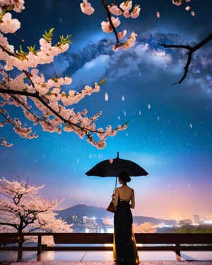 In the ethereal embrace of a spring night, an Instagram influencer stands amidst a breathtaking display of cherry blossoms in full bloom. Against the backdrop of a star-studded sky, the air is imbued with the delicate fragrance of the blossoms, mingling with the soft patter of raindrops cascading from above. Each blossom is a radiant beacon of nature's splendor, their vibrant hues illuminated by the glow of the moon. As the rain kisses their petals, a symphony of beauty unfolds, with blossoms both blooming in full magnificence and gracefully drifting away in a mesmerizing dance of symmetry. The influencer, poised amidst this enchanting spectacle, embodies the timeless elegance of nature's cycles, her presence a harmonious fusion of strength and grace. With stable diffusion, capture this sublime moment where the night sakura, rain, and the ephemeral dance of cherry blossoms converge, creating a portrait that celebrates the captivating allure of life's transience.