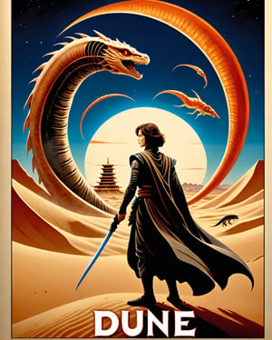 Transport yourself to a captivating realm where the mystique of "Dune" converges with the ethereal beauty of Japanese mythical creatures in this official movie poster illustration. Against the backdrop of the iconic desert planet, Arrakis, colossal sandworms emerge, intertwining seamlessly with legendary Japanese yokai like kitsune and kirin. The delicate balance between futuristic sci-fi aesthetics and traditional Japanese artistry is expertly captured, as spaceships soar above ancient pagodas. The poster's color palette blends the warm hues of Arrakis' dunes with the vibrant shades of traditional Japanese art, creating a visually stunning and harmonious fusion. Immerse yourself in a cinematic experience that seamlessly weaves together the rich tapestries of two distinct yet captivating worlds., 