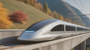 Imagine a hyper-realistic scene featuring an ultra-next-generation maglev train gliding effortlessly along its track. The sleek, futuristic design of the maglev train embodies cutting-edge technology and innovation. Its streamlined body, crafted from lightweight yet durable materials, reflects the surrounding landscape like a mirror. As the train accelerates, a soft hum fills the air, almost imperceptible against the backdrop of the serene environment. The track beneath the train is a marvel of engineering, appearing almost translucent as it supports the weightless motion of the maglev vehicle. The landscape outside the train windows is a blur of vibrant colors, with skyscrapers and mountains passing by in a seamless panorama. The scene exudes a sense of speed and progress, capturing the essence of transportation in the next generation.