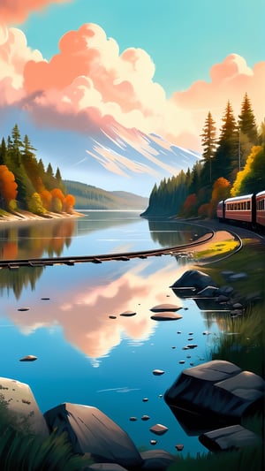 As a contemporary art painter and digital creator, envisioning a LOFI digital art illustration with a prompt for a train, a lake, and the sky involves creating a scene that blends elements of transportation, nature, and open space. Picture a vintage train chugging along the tracks beside a serene lake, its reflection shimmering in the calm waters. The sky above is painted in soft, muted tones, perhaps with wispy clouds or a hint of sunrise or sunset colors to add warmth and atmosphere.

Include details such as the train's steam billowing gently, trees lining the lake's edge, and a sense of peacefulness and nostalgia in the overall composition. Incorporate textures like grainy overlays or subtle noise to give the illustration a vintage, analog feel, enhancing the LOFI aesthetic. Let the scene evoke a sense of a quiet journey through scenic landscapes, inviting viewers to immerse themselves in the beauty of both man-made and natural elements harmoniously coexisting.