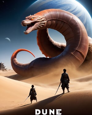 Transport yourself to a captivating realm where the mystique of "Dune" converges with the ethereal beauty of Japanese mythical creatures in this official movie poster illustration. Against the backdrop of the iconic desert planet, Arrakis, colossal sandworms emerge, intertwining seamlessly with legendary Japanese yokai like kitsune and kirin. The delicate balance between futuristic sci-fi aesthetics and traditional Japanese artistry is expertly captured, as spaceships soar above ancient pagodas. The poster's color palette blends the warm hues of Arrakis' dunes with the vibrant shades of traditional Japanese art, creating a visually stunning and harmonious fusion. Immerse yourself in a cinematic experience that seamlessly weaves together the rich tapestries of two distinct yet captivating worlds.