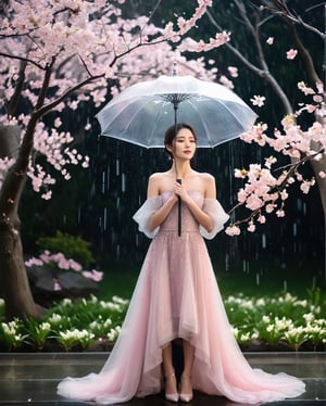 In the enchanting embrace of a spring night, a female influencer graces the stage of nature's own theatre, amidst the ethereal beauty of cherry blossoms in full bloom and the gentle patter of raindrops. Against the backdrop of the nocturnal sky, the delicate petals of sakura dance in harmony with the rhythm of the falling rain, creating a mesmerizing symphony of ephemeral elegance. In this moment frozen in time, capture the essence of her presence as she stands amidst the shower of blossoms, a beacon of stability amidst the transient beauty of nature's embrace. Let the image speak of resilience, grace, and the timeless allure of a spring evening painted in hues of pink and gray.
