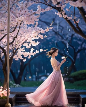 Prompt:
In the enchanting embrace of a spring night, a female influencer graces the stage of nature's own theatre, amidst the ethereal beauty of cherry blossoms in full bloom and the gentle patter of raindrops. Against the backdrop of the nocturnal sky, the delicate petals of sakura dance in harmony with the rhythm of the falling rain, creating a mesmerizing symphony of ephemeral elegance. In this moment frozen in time, capture the essence of her presence as she stands amidst the shower of blossoms, a beacon of stability amidst the transient beauty of nature's embrace. Let the image speak of resilience, grace, and the timeless allure of a spring evening painted in hues of pink and gray.