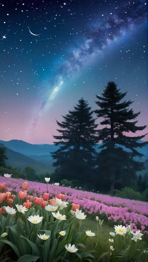 Create a digital LOFI anime illustration depicting May flowers under a starry sky, captured through a vintage camera. The scene should blend the beauty of blooming flowers with the enchanting allure of a night sky filled with stars.

The artwork begins with a wide shot of a meadow in full bloom, showcasing various May flowers like lilies, daisies, and tulips. The vintage camera lens adds a soft, nostalgic filter, enhancing the timeless beauty of the floral scene.

As the scene transitions to night, the sky gradually darkens, and stars start to twinkle overhead. The Milky Way galaxy stretches across the celestial canvas, adding a touch of cosmic wonder to the scene.

Include details like fireflies dancing among the flowers, a crescent moon casting a gentle glow, and distant hills or trees silhouetted against the starry sky. The artwork should evoke a sense of harmony between nature's beauty and the celestial wonders above, creating a captivating and serene atmosphere.