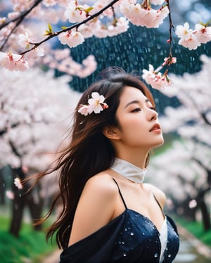 In the enchanting embrace of a spring night, an Instagram influencer stands amidst a mesmerizing spectacle of cherry blossoms in full bloom. As the gentle rain descends from the heavens, it weaves a delicate tapestry of tranquility, enhancing the allure of the scene. The air is filled with the soft patter of raindrops, each one a symphony of nature's whispers. Against the backdrop of the night sky, the blossoms dance in the breeze, their petals unfurling like delicate secrets revealed. Capturing this ephemeral moment, the influencer embodies a timeless elegance, her presence a testament to the enduring beauty of nature's fleeting grace. With stable diffusion, immortalize this ethereal fusion of night sakura, rain, and the gentle flurry of cherry blossoms in a portrait that evokes serenity amidst life's ever-changing tableau.