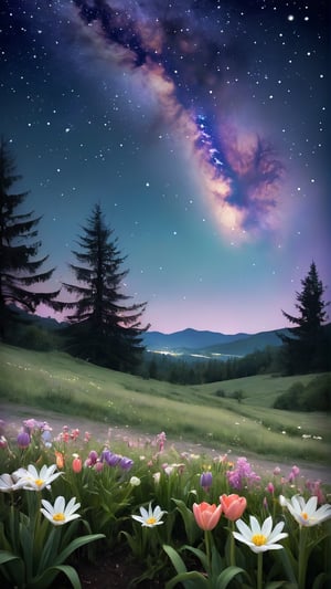 Create a digital LOFI anime illustration depicting May flowers under a starry sky, captured through a vintage camera. The scene should blend the beauty of blooming flowers with the enchanting allure of a night sky filled with stars.

The artwork begins with a wide shot of a meadow in full bloom, showcasing various May flowers like lilies, daisies, and tulips. The vintage camera lens adds a soft, nostalgic filter, enhancing the timeless beauty of the floral scene.

As the scene transitions to night, the sky gradually darkens, and stars start to twinkle overhead. The Milky Way galaxy stretches across the celestial canvas, adding a touch of cosmic wonder to the scene.

Include details like fireflies dancing among the flowers, a crescent moon casting a gentle glow, and distant hills or trees silhouetted against the starry sky. The artwork should evoke a sense of harmony between nature's beauty and the celestial wonders above, creating a captivating and serene atmosphere.