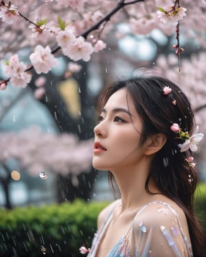 In the enchanting embrace of a rainy spring night, an Instagram influencer stands amidst a sea of cherry blossoms in full bloom. Each delicate petal glistens with raindrops, reflecting the shimmering city lights like a canvas of liquid diamonds. With an air of serene elegance, she gazes into the distance, her expression a blend of contemplation and wonder. As the rain gently caresses her skin and the petals dance in the breeze, there's a palpable sense of tranquility and stability in the midst of nature's ephemeral beauty. Capture this ethereal moment in a portrait that transcends time, inviting viewers to immerse themselves in the delicate harmony of rain and sakura.