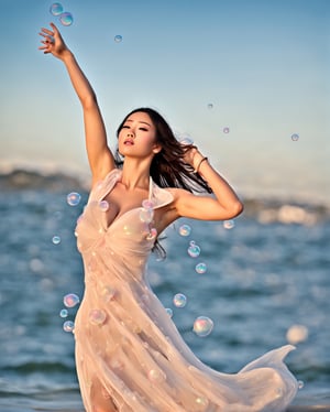 (kpop idol photo realistic gravure:1.2),best quality, 8k, ultra high res, 
A sheer salon style long windblown hair, 
break,

a stunning pretty and beautiful woman is posing (in floral printed dress:1.3), (full of small bubbles, countless small bubbles around her:1.5), (full of small bubbles, countless small bubbles dancing in the air:1.5)

break,

busty, 
busty, (round breasts:1.2),(large breasts:1.3),(sagging breasts:1.3),(narrow waist:1.3),(tan skin:1.3),
(full of small bubbles, countless small bubbles around her:1.5), (full of small bubbles, countless small bubbles dancing in the air:1.5)

break,

beautiful oceanscape backdrop, golden hour, beautiful sky,glitter